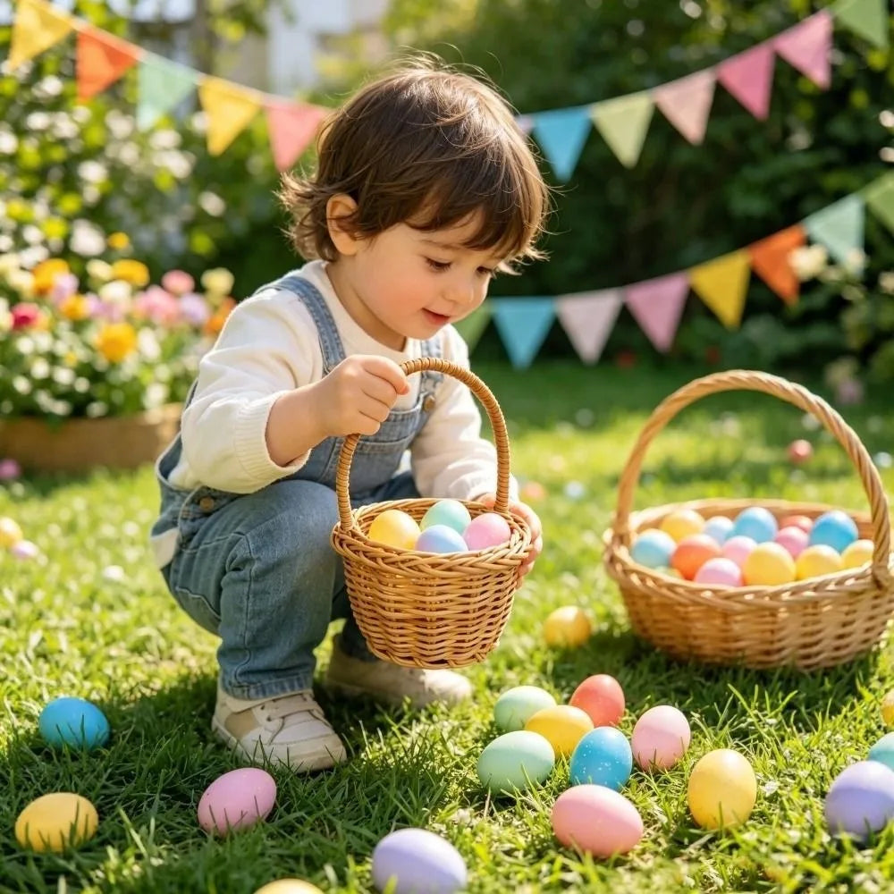 A young child sits in a grassy field surrounded by many colorful painted eggs and several woven rattan storage baskets.