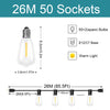 A string of 26M 50 sockets LED lights with E12/C7 bases and warm light bulbs.