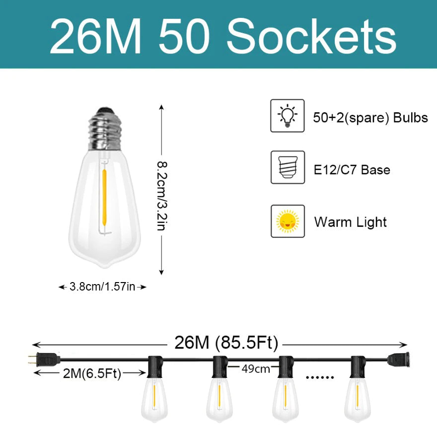 A string of 26M 50 sockets LED lights with E12/C7 bases and warm light bulbs.