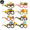 A set of eight construction vehicle themed party plates and cups featuring yellow and black vehicles.