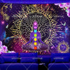 A vibrant tapestry featuring a central figure with glowing chakras surrounded by a golden lotus mandala and butterflies.