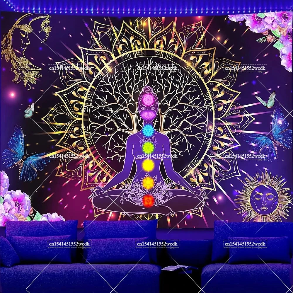 A vibrant tapestry featuring a central figure with glowing chakras surrounded by a golden lotus mandala and butterflies.