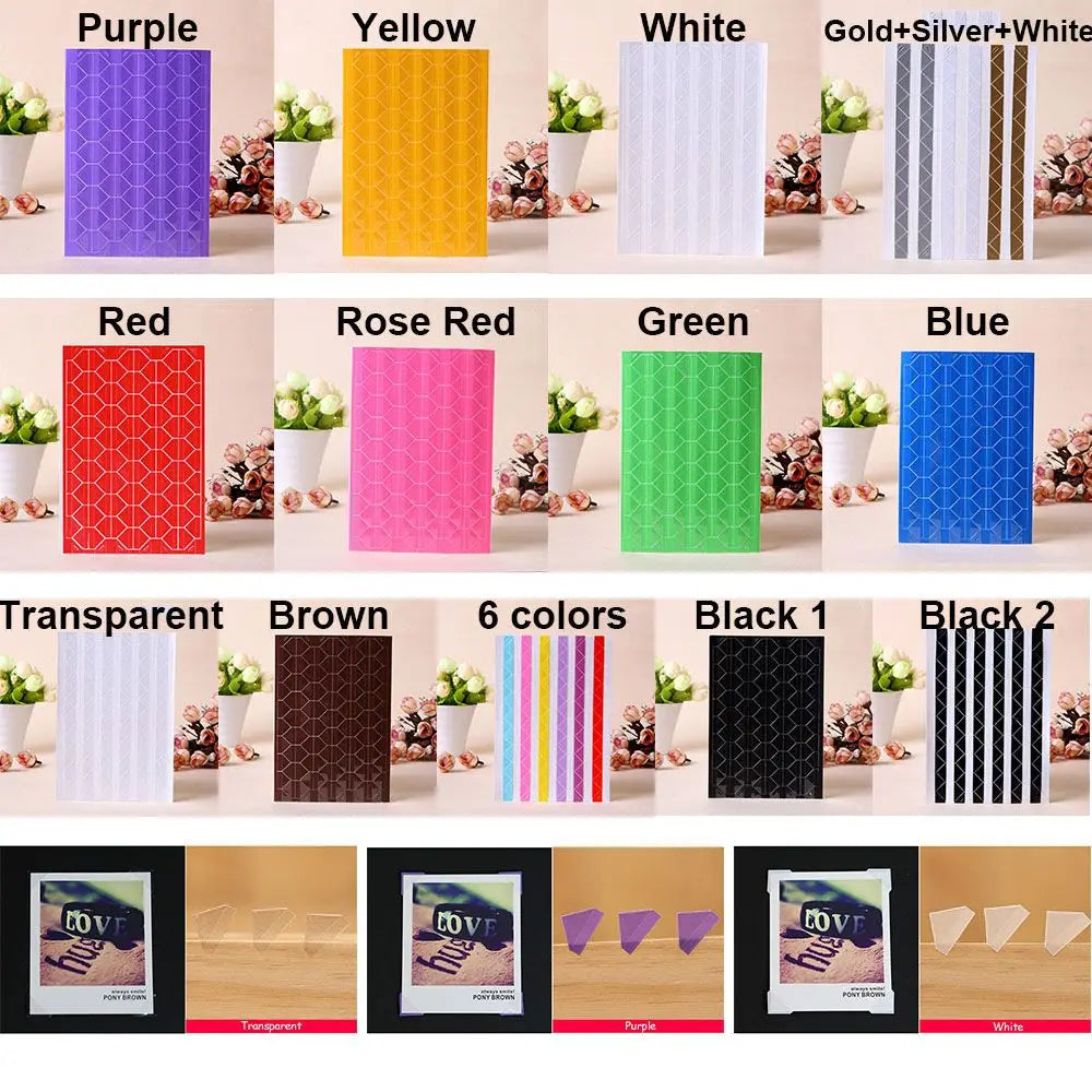 A variety of colorful PVC photo corner protectors in various patterns and colors displayed side by side.
