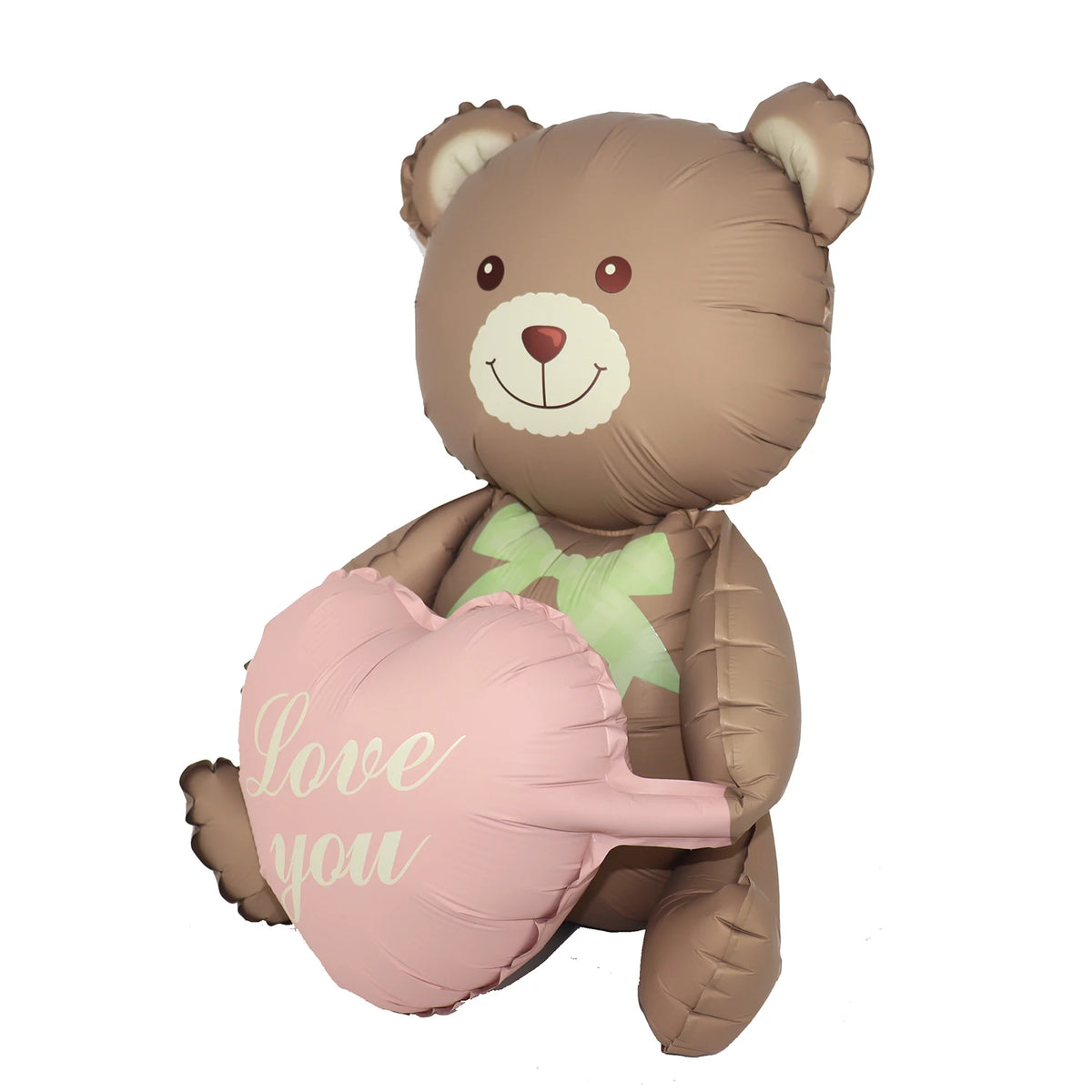 A brown teddy bear foil balloon with a white face and a pink heart shape that says Love you