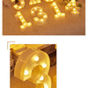 A collection of warm white LED alphabet letter lights forming the numbers 5, 0, 1, 3, and 4 arranged on a surface.