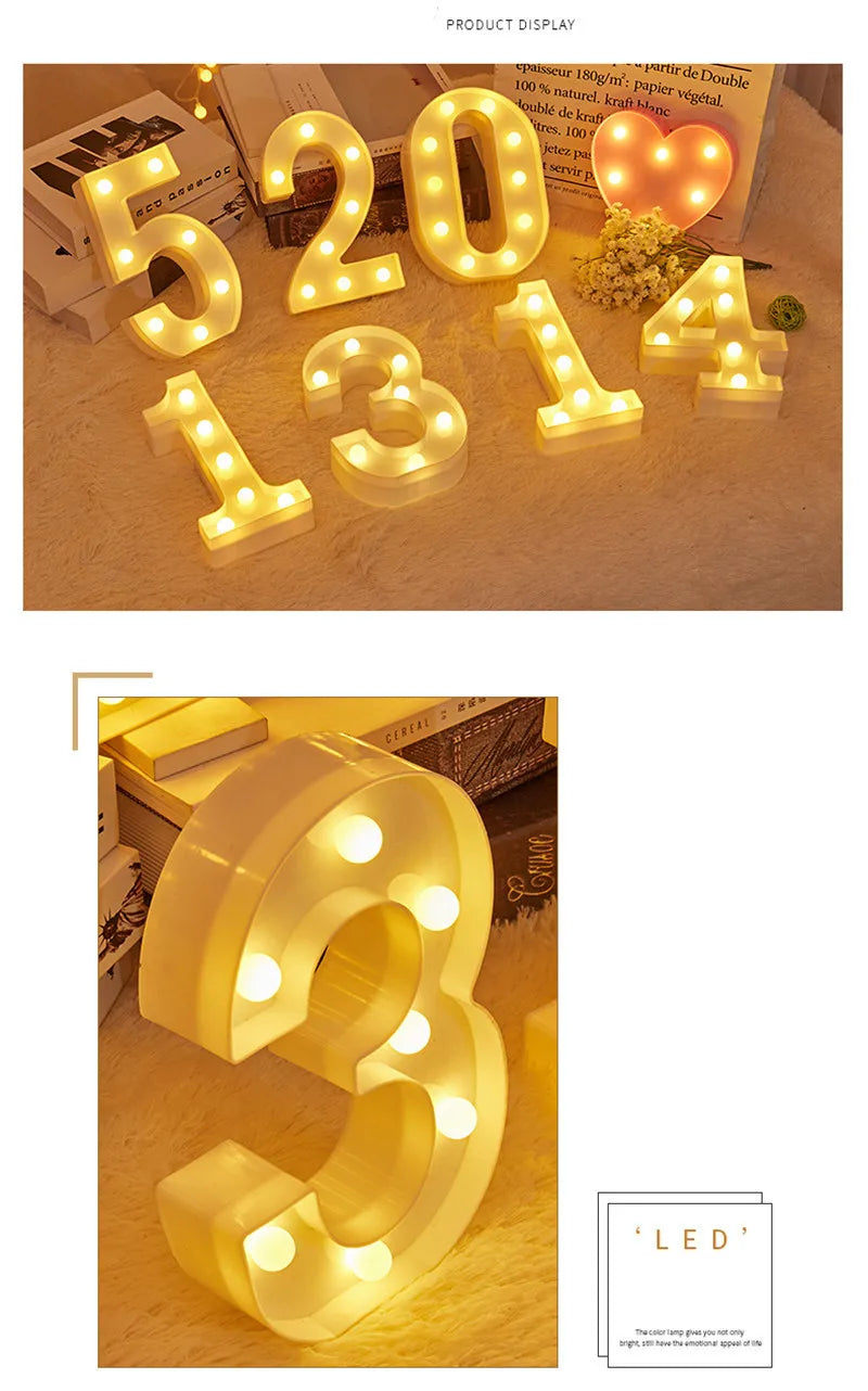 A collection of warm white LED alphabet letter lights forming the numbers 5, 0, 1, 3, and 4 arranged on a surface.
