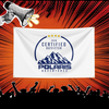 A white banner featuring the Polaris Adventures Certified Outfitter logo against a red, radiating background with a megaphone