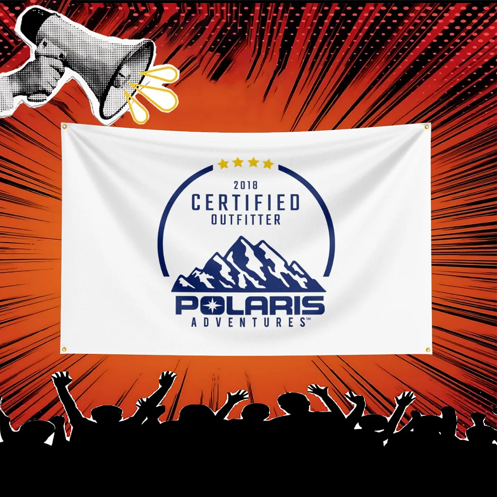 A white banner featuring the Polaris Adventures Certified Outfitter logo against a red, radiating background with a megaphone