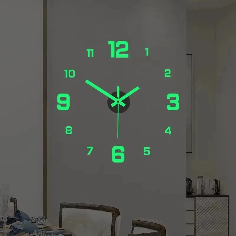 A digital wall clock with a green face displaying the time, mounted on a light gray wall.