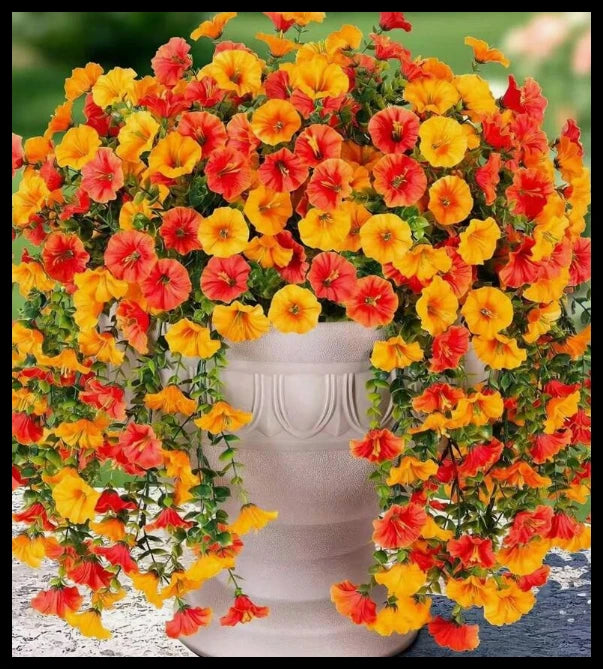 A vibrant arrangement of artificial morning glory vines featuring bright orange and yellow flowers in a pot.