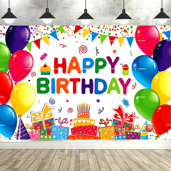 Un colorido telón de fiesta de cumpleaños con globos, serpentinas y cajas de regalo sobre fondo blanco.
