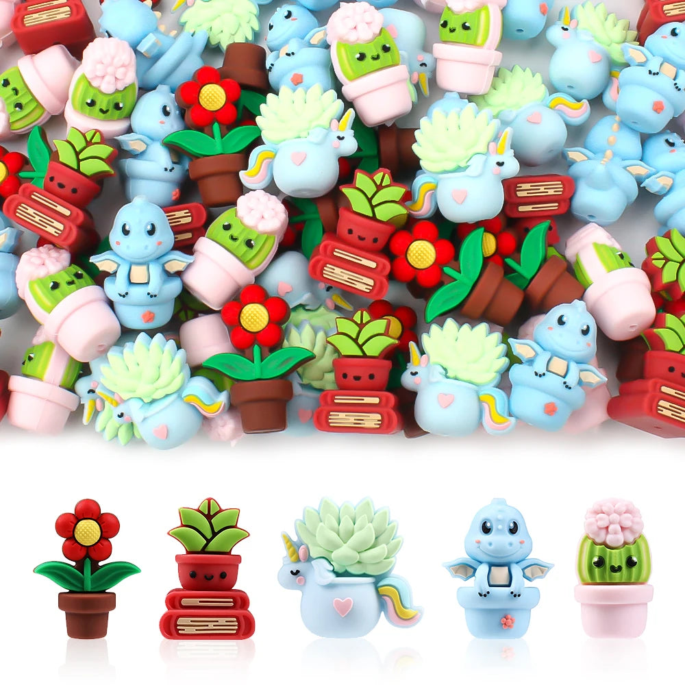 A variety of colorful 3D silicone plant beads in various shapes and colors for jewelry making and DIY crafts