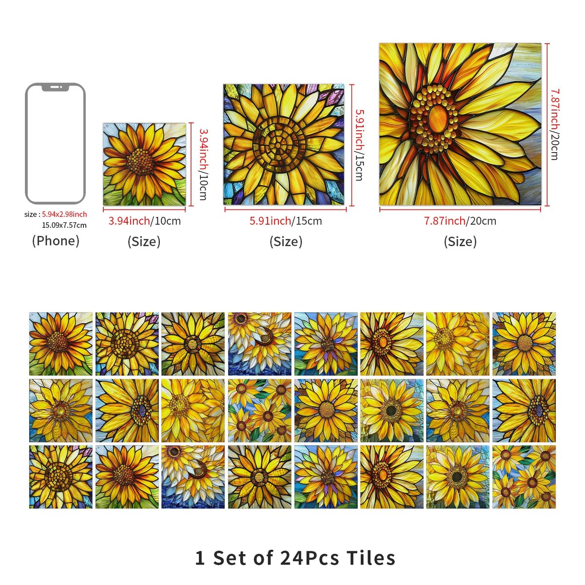 A set of 24 self-adhesive waterproof tiles featuring colorful sunflower designs in various sizes and orientations.