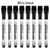 Eight black magnetic dry erase markers with fine tips are shown in a pack.