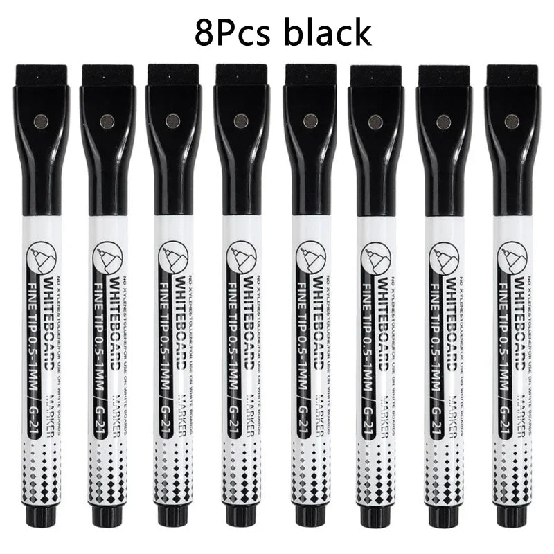 Eight black magnetic dry erase markers with fine tips are shown in a pack.