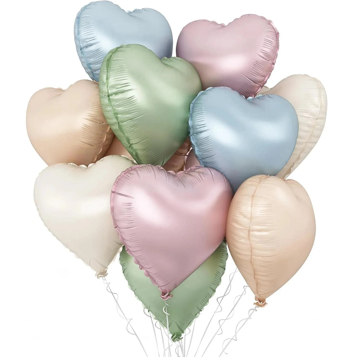 A bouquet of heart-shaped foil balloons in pastel shades including blue, green, pink, and beige.