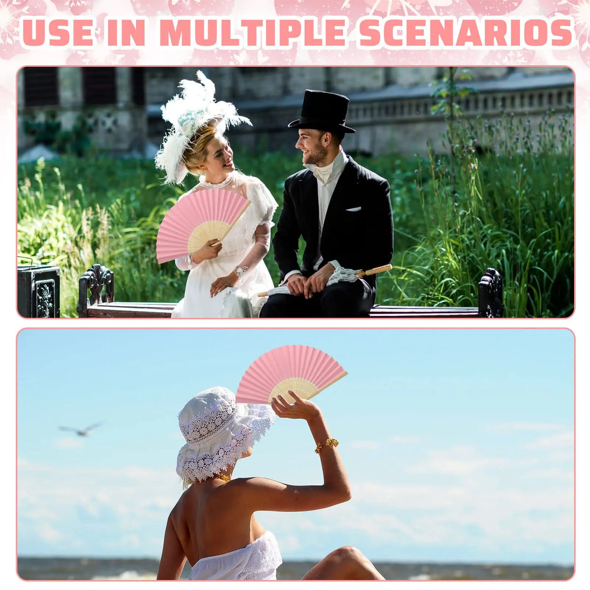 A couple in historical attire uses elegant pink paper hand fans outdoors, with a woman holding one against a backdrop of gree