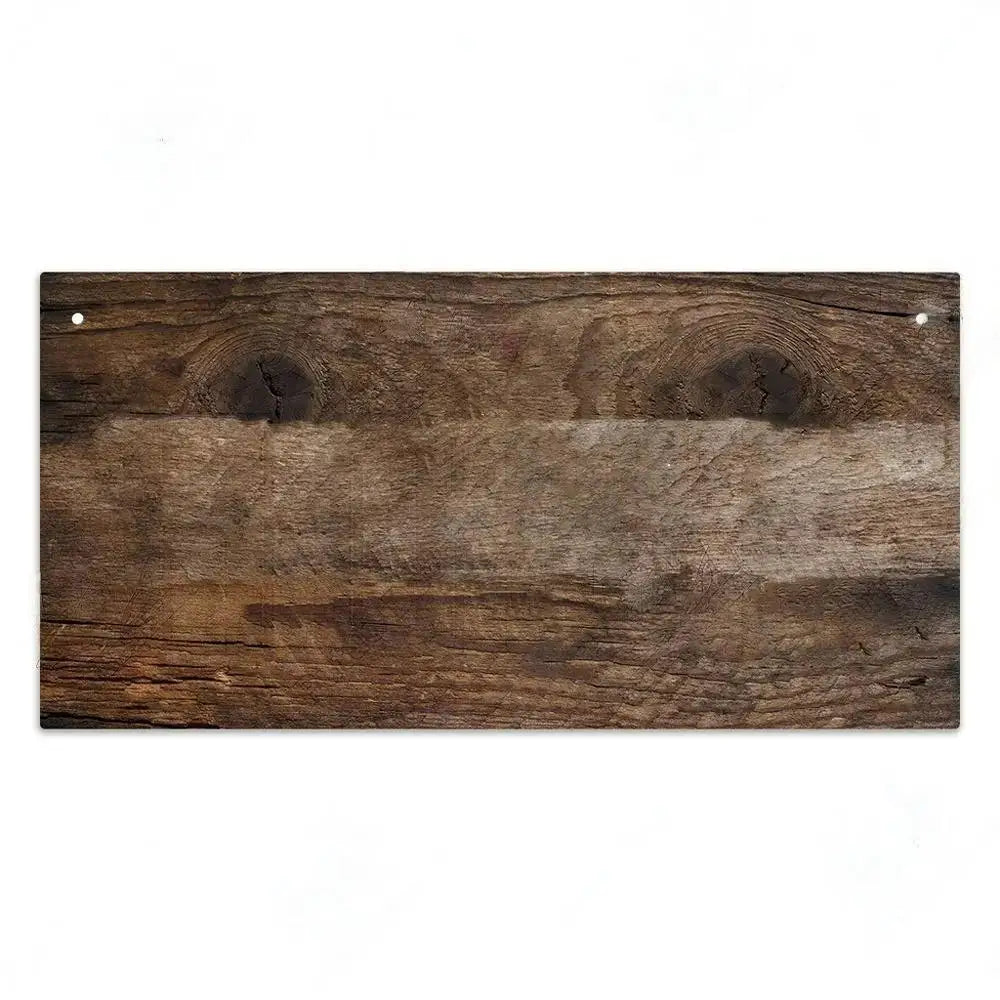 A rustic wooden sign with personalized text, featuring dark brown wood grain and mounted with visible nails.