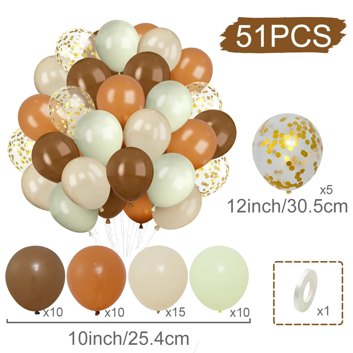 A collection of 51 metallic pearl balloons in various shades and sizes, including confetti accents.