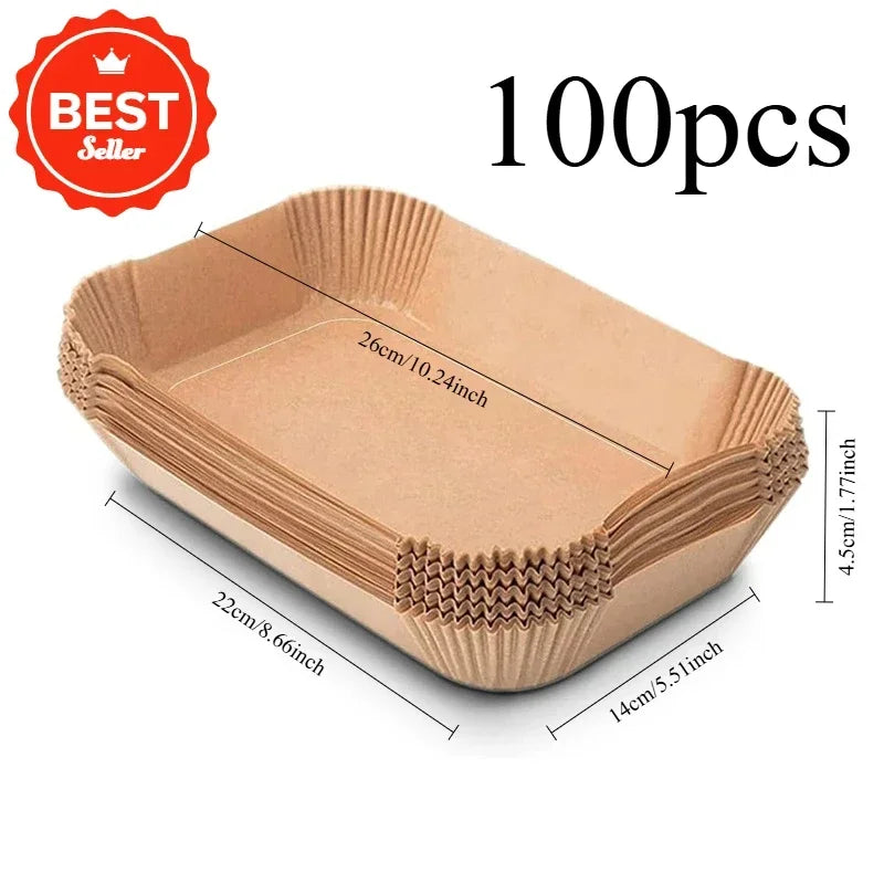 Un lot de 100 pochettes en papier rectangulaires pour friteuse à air, emballé dans un sceau circulaire.