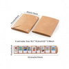 A brown accordion folding photo album with nine card slots shown next to its dimensions.