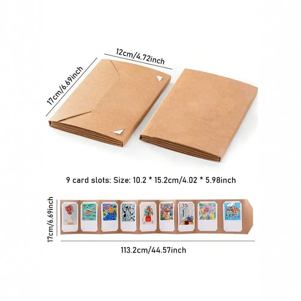 A brown accordion folding photo album with nine card slots shown next to its dimensions.