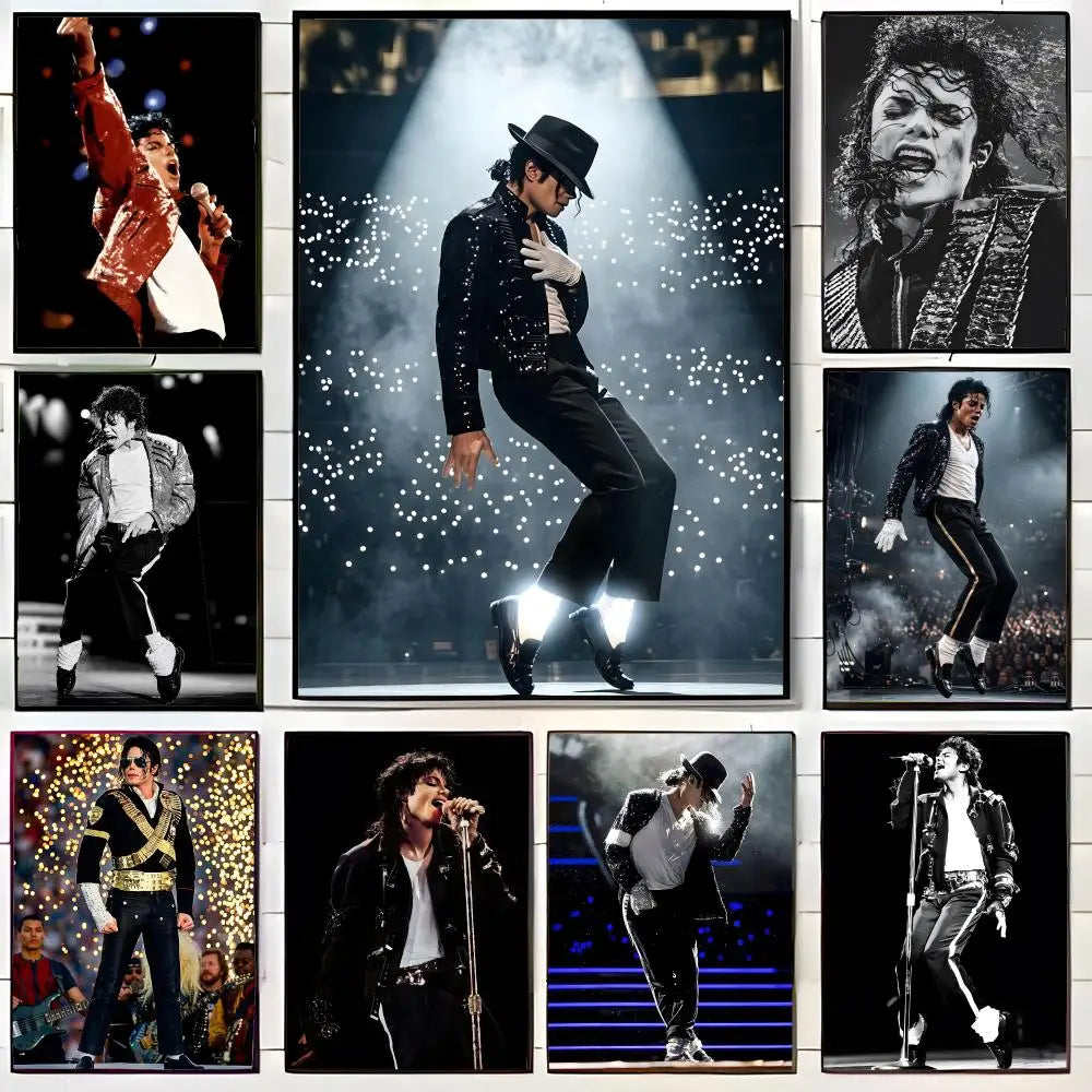 Ein Raster von Plakaten mit verschiedenen Darbietungen und Porträts von Michael Jackson.