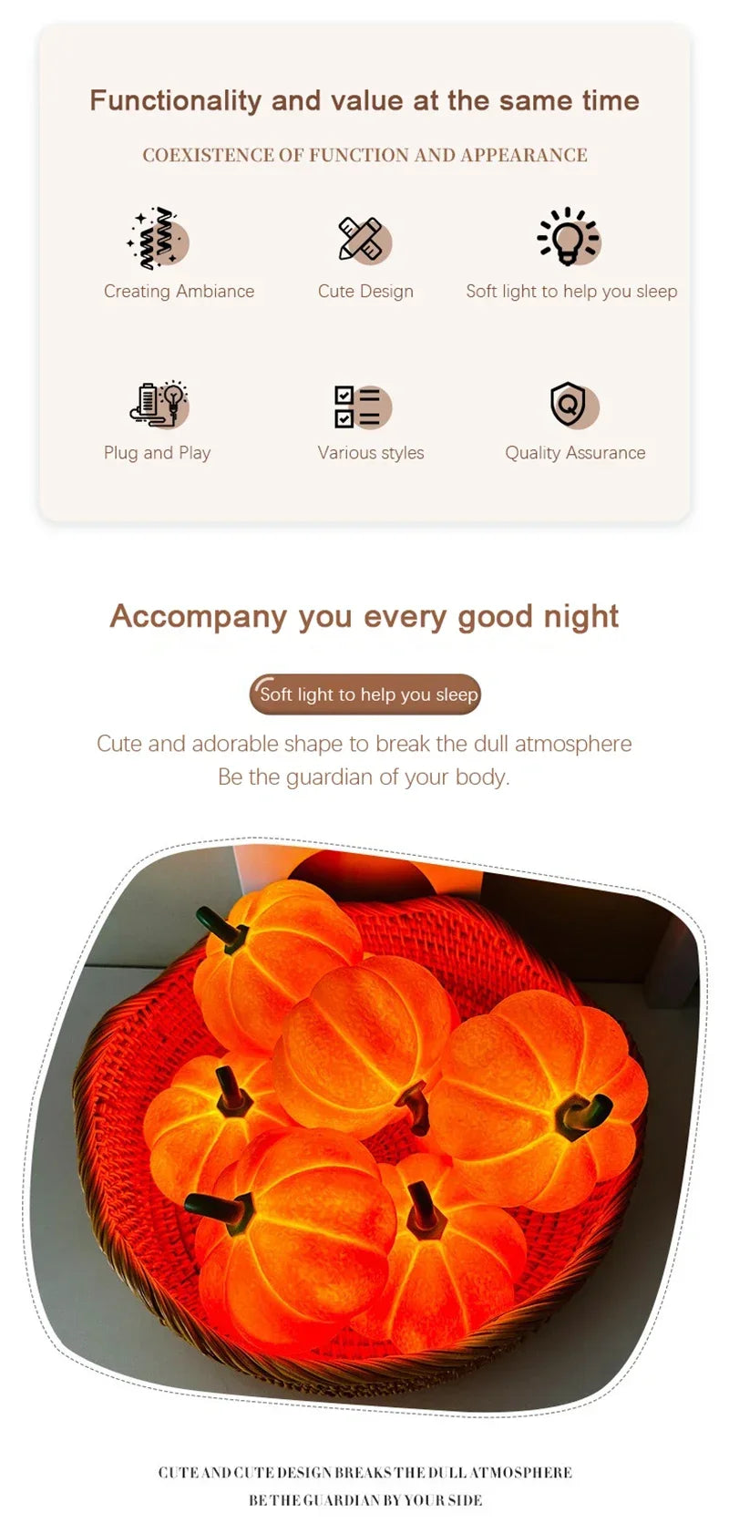 A close-up of an orange decorative LED pumpkin night light glowing brightly inside a woven basket.