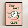 A pink canvas print featuring the text Self Love Club with a green heart illustration.