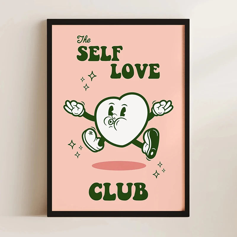 A pink canvas print featuring the text Self Love Club with a green heart illustration.