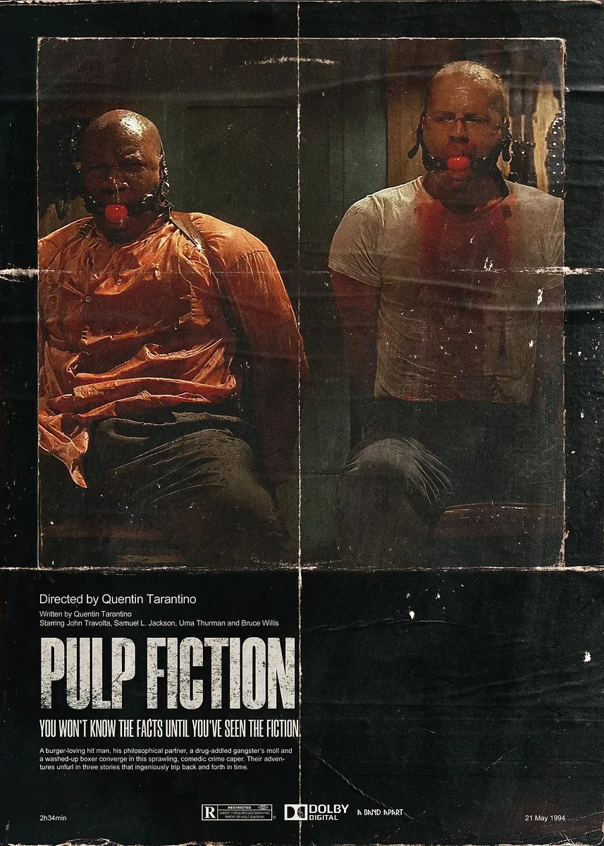 Poster for the movie Pulp Fiction featuring two actors in a dark setting