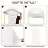 Instructions showing how to install an elastic arch backdrop cover for party decor
