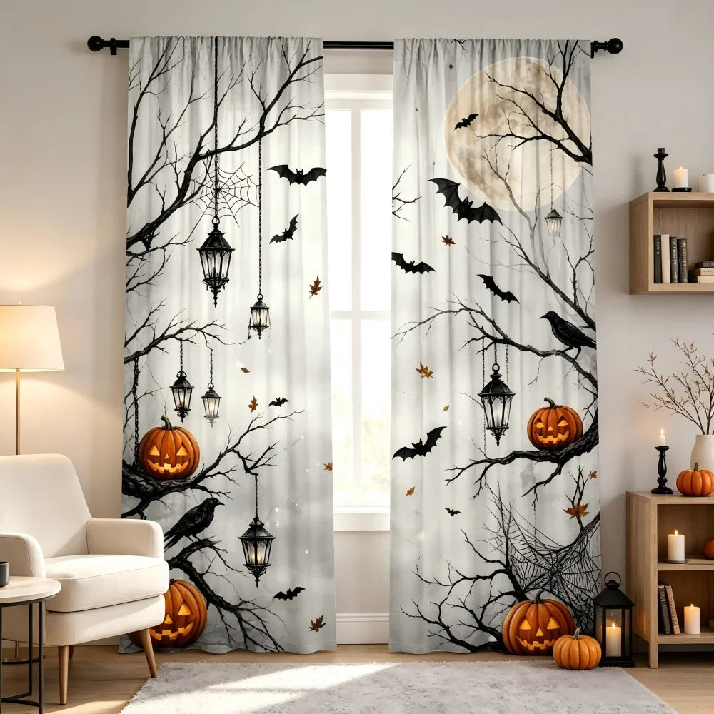Gray curtains featuring black tree branches, bats, and pumpkins against a white background.