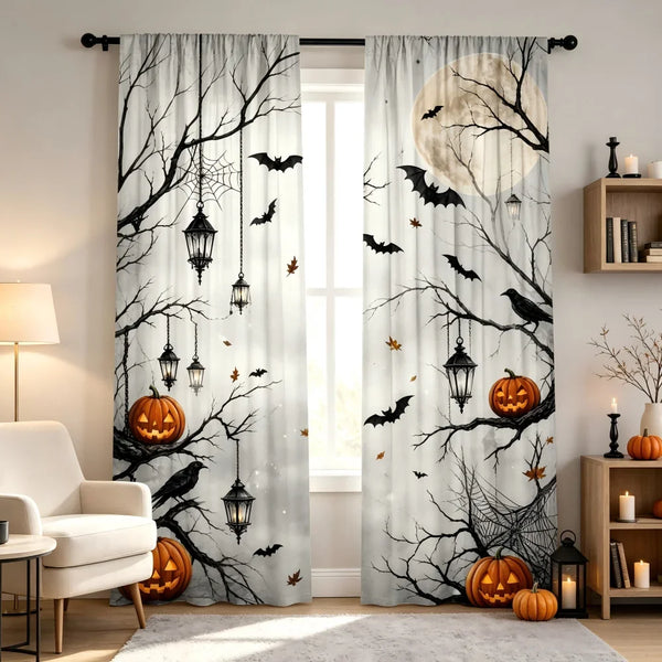 Gray curtains featuring black tree branches, bats, and pumpkins against a white background.