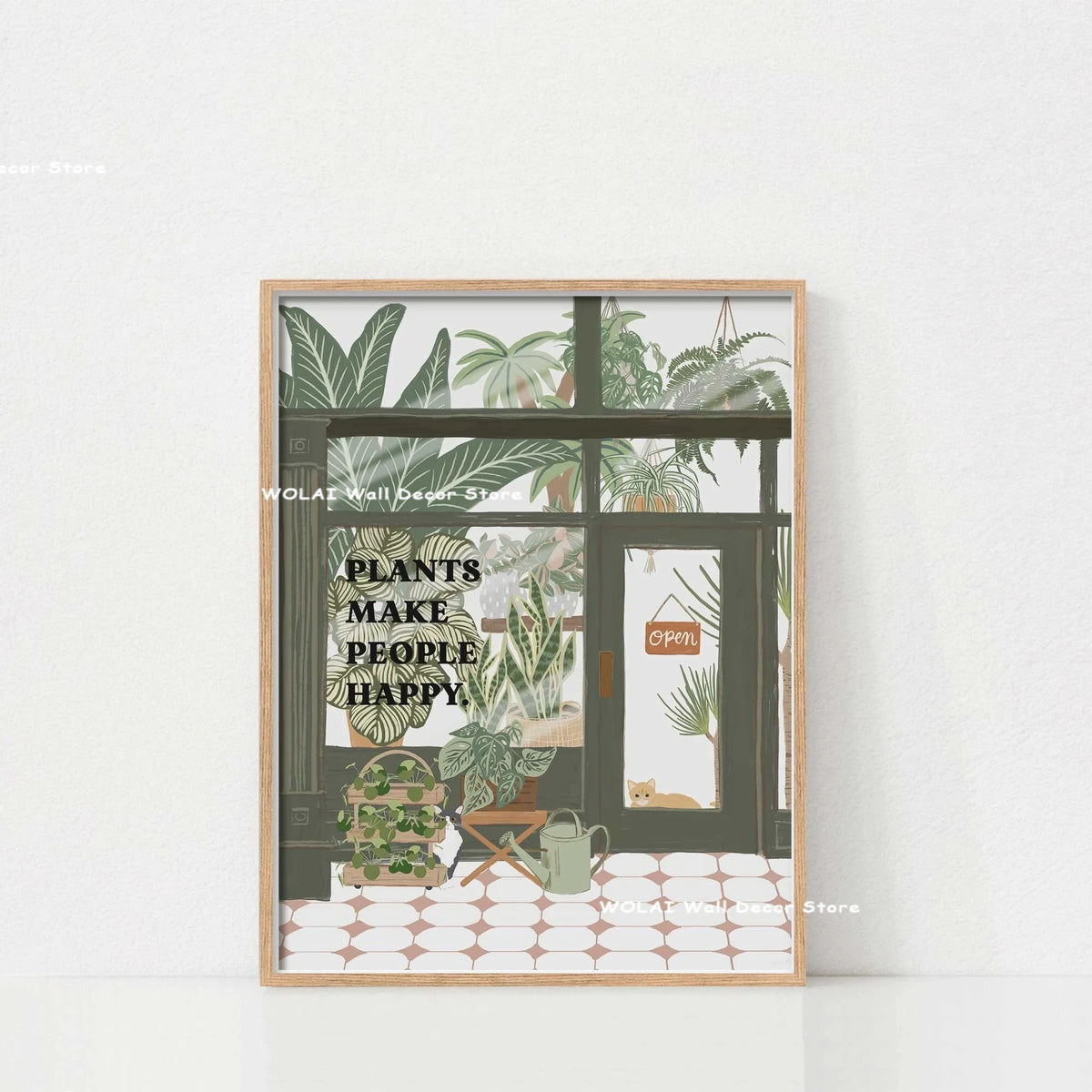 Botanical philodendron canvas wall art featuring various green plants displayed in a wooden window frame.