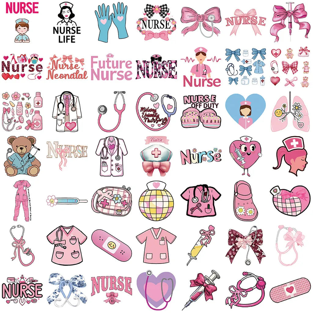 A collection of pink bow nurse themed stickers for laptops, water bottles, and DIY projects.