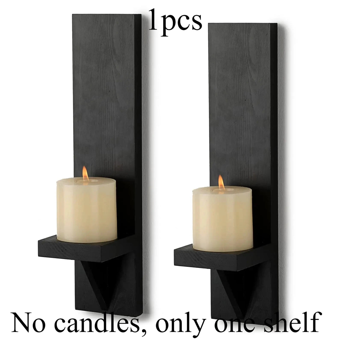 A pair of black wooden wall candle holders, each with one shelf for a candle.