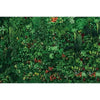 A dense, vibrant green tropical jungle leaf photography backdrop featuring various lush foliage and small red flowers.