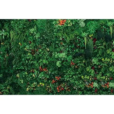 A dense, vibrant green tropical jungle leaf photography backdrop featuring various lush foliage and small red flowers.