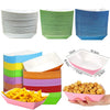 A set of solid color disposable paper food trays stacked and displayed, including individual trays and a pile of french fries