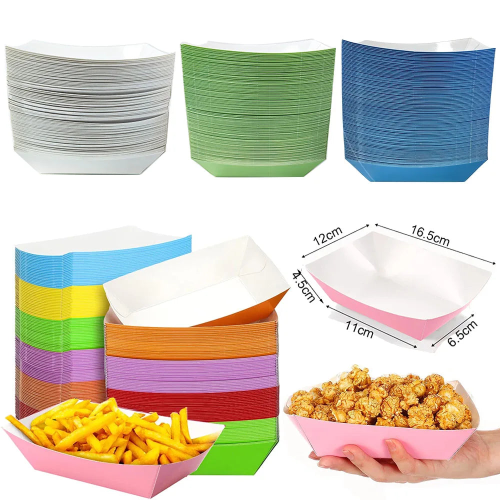 A set of solid color disposable paper food trays stacked and displayed, including individual trays and a pile of french fries