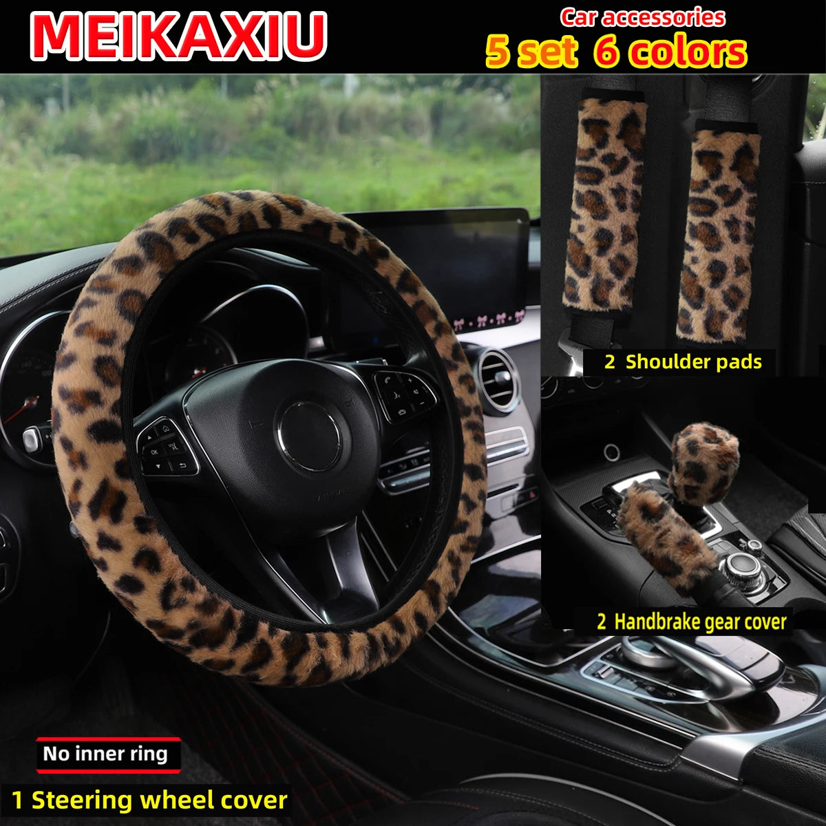A set of five leopard print car accessories including a steering wheel cover, two shoulder pads, and two handbrake gear cover