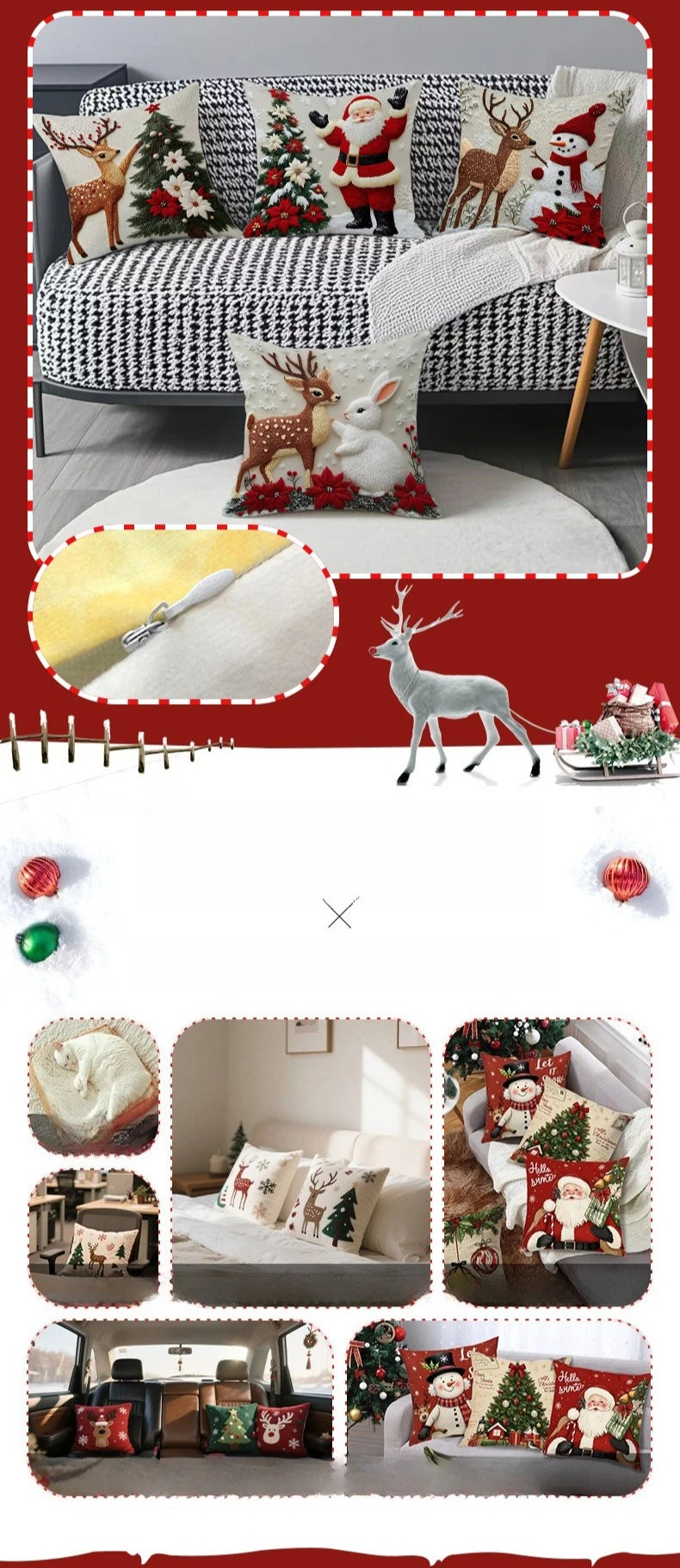 A set of four festive Christmas linen throw pillow covers featuring deer and reindeer designs on white fabric.