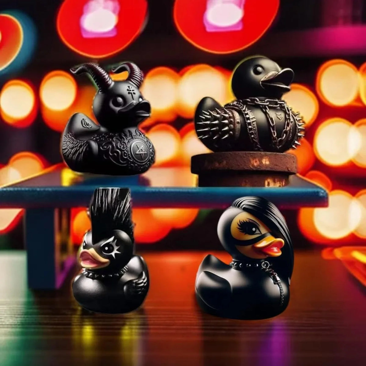 A set of seven black rubber duck figurines displayed on a wooden surface with blurred warm lights in the background.