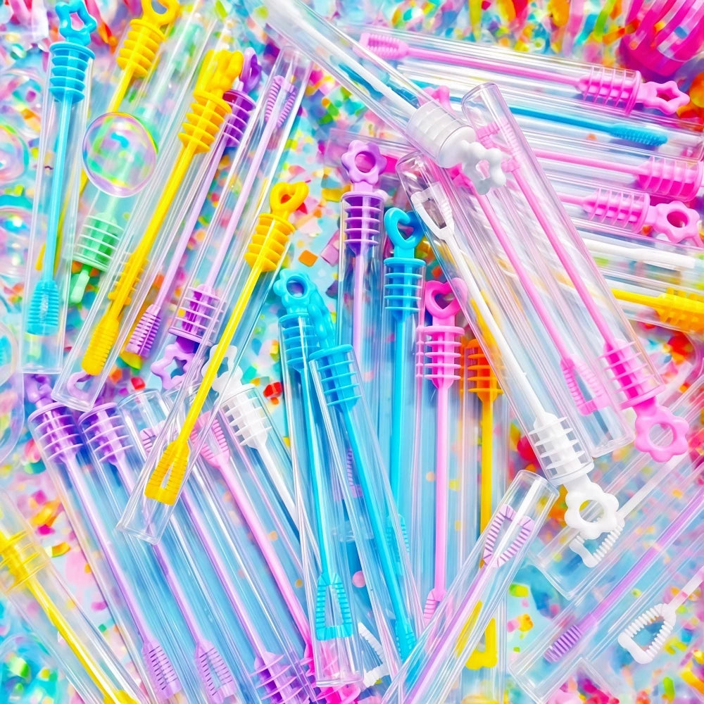 A colorful assortment of clear and colored mini bubble bottles for parties
