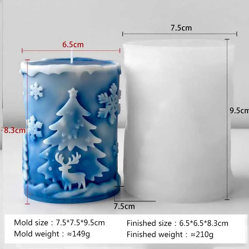 A blue silicone mold for a Christmas tree and deer relief decoration, shown next to the finished product.