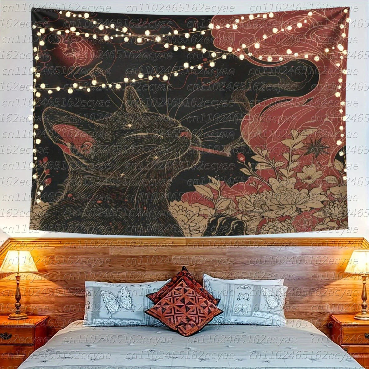 A tapestry featuring a black cat smoking under the moon with red and gold floral accents.