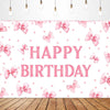 Pink bow tie birthday party backdrop banner featuring pink bows and confetti on a white background
