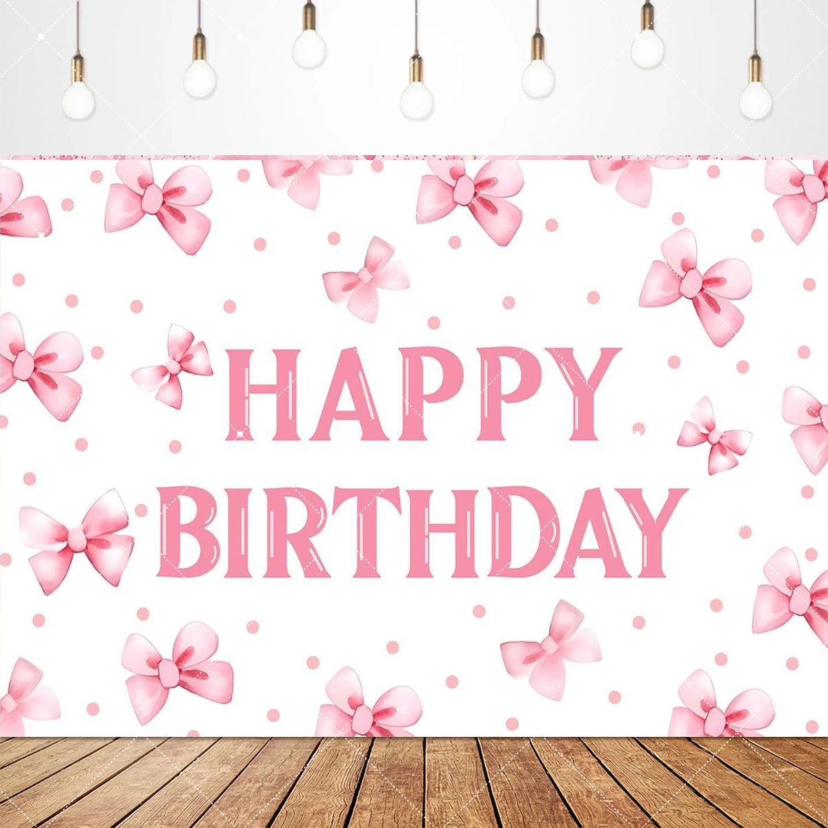 Pink bow tie birthday party backdrop banner featuring pink bows and confetti on a white background