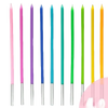 A row of colorful spiral birthday cake candles with star toppers in various shades of pink, purple, blue, teal, and green.